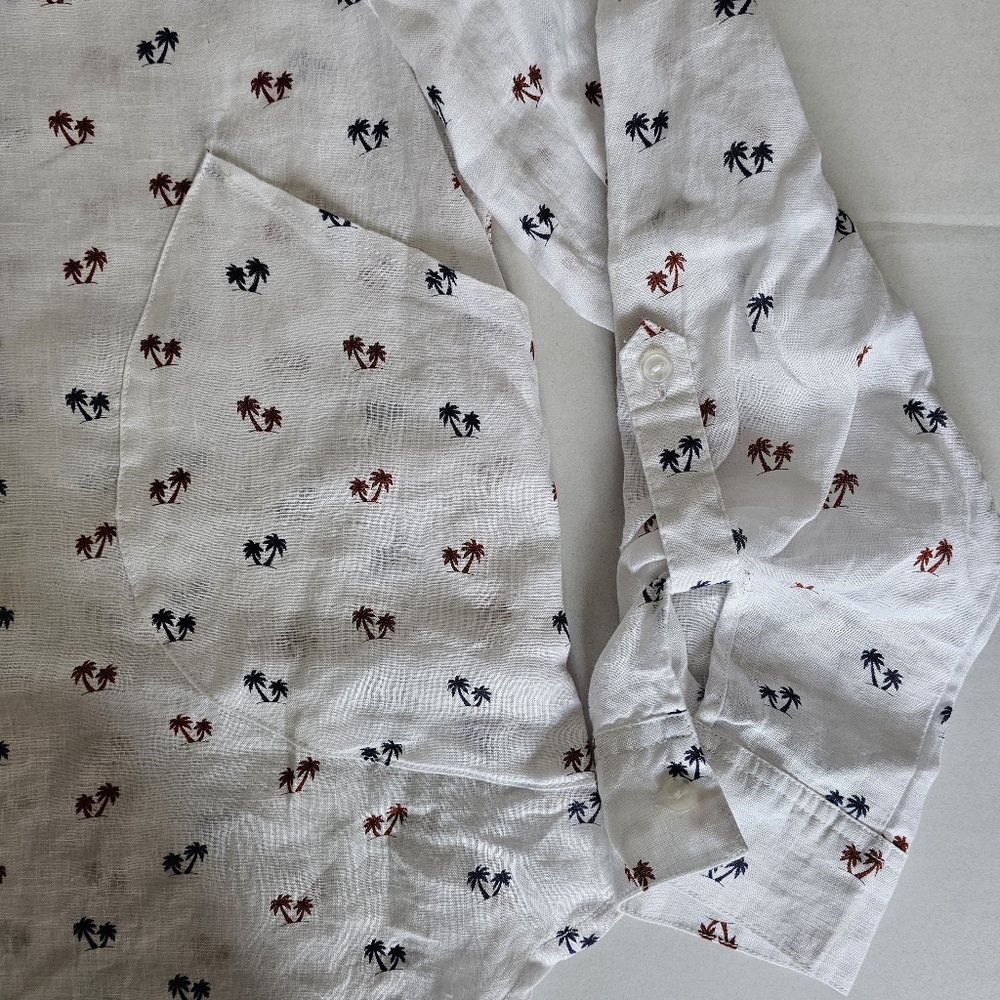 FORCYNTHIA Beachwear White Palm Trees Linen L Tunic Shirt Beach Coverup Resort - Picture 8 of 11